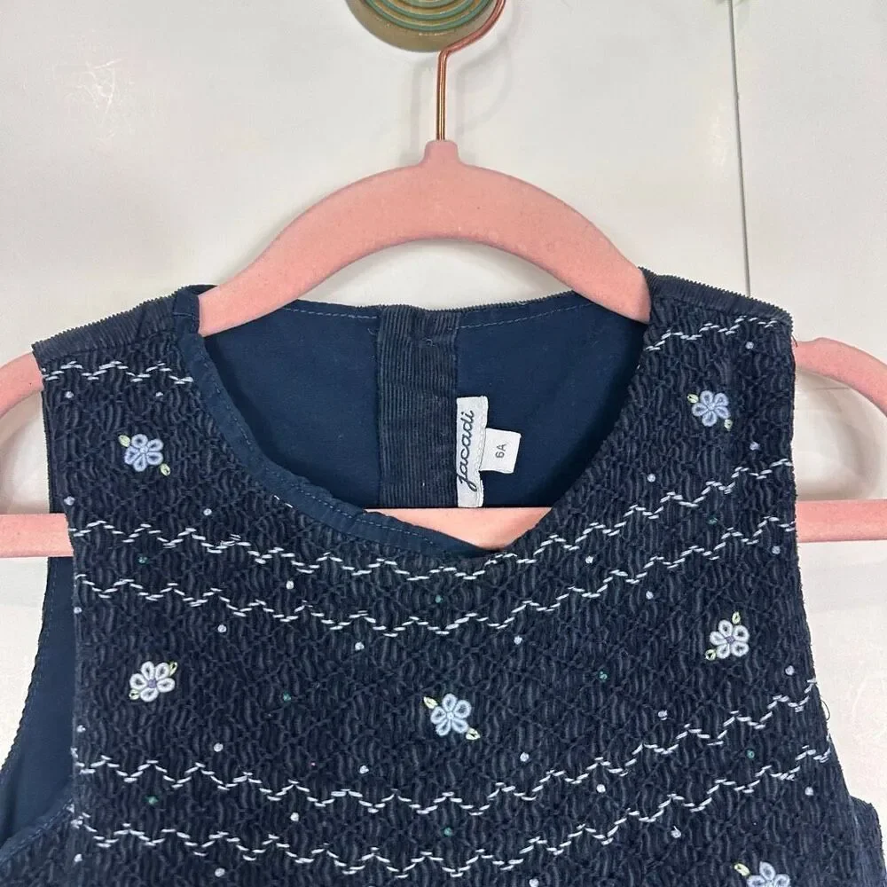 Jacadi Paris Dress Girls 6A Blue Embroidered Sleeveless Corduroy Cotton Smocked